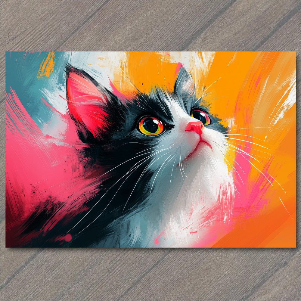 STICKER Black White Cat Pink Nose Orange Pink Blue Splash Background Wide Eyes
