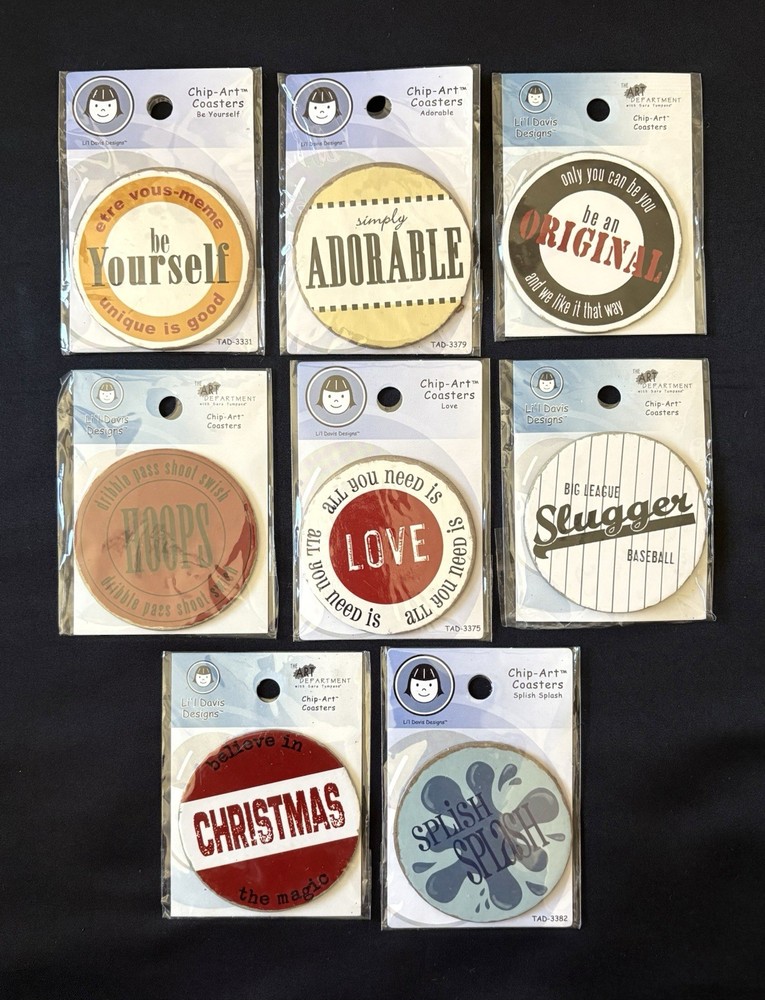 8 Assorted Vintage Li’l Davis Chip-Art Paper Coasters Scrapbooking DIY Craft NEW