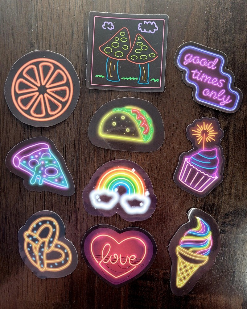 STICKERS x 10 Neon Good Times Cupcake Ice Cream Pizza Pretzels Orange NEO2