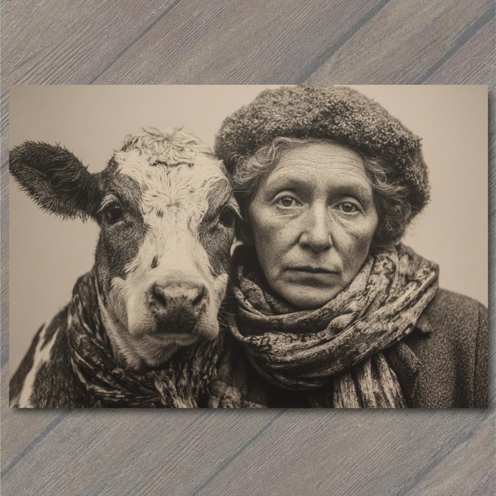 STICKER Cow Woman Portrait Rustic Farm Oddity Winter Scarf Beret