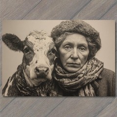 STICKER Cow Woman Portrait Rustic Farm Oddity Winter Scarf Beret