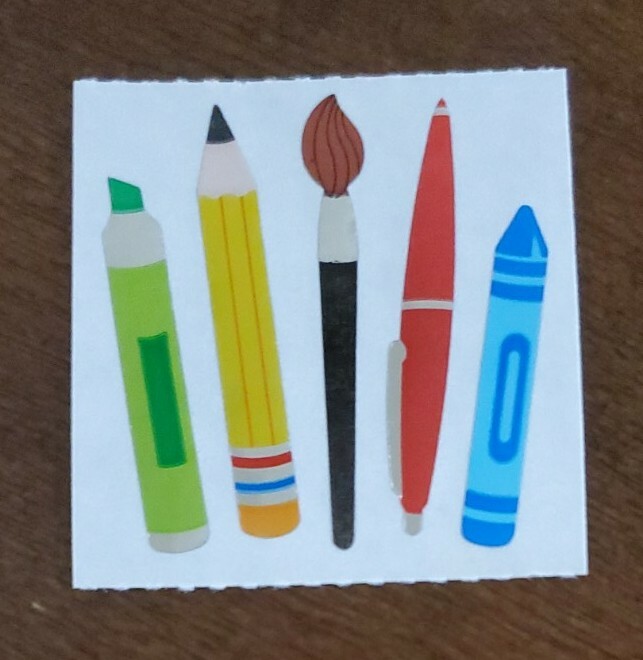 Vintage Sandylion School themed mylar/foil sticker mod, pencil, crayon, pen