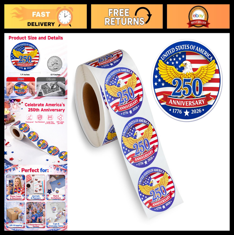 500 PCS Patriotic 250th Independence Stickers – Round American Flag Decals, Wate