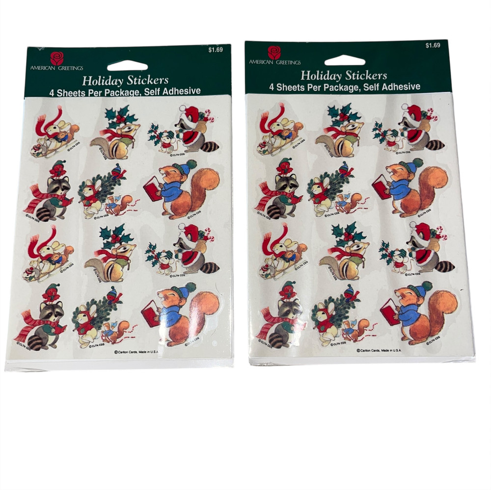 Vintage American Greetings Stickers Christmas Animals Raccoon Bunny 8 Sheets New