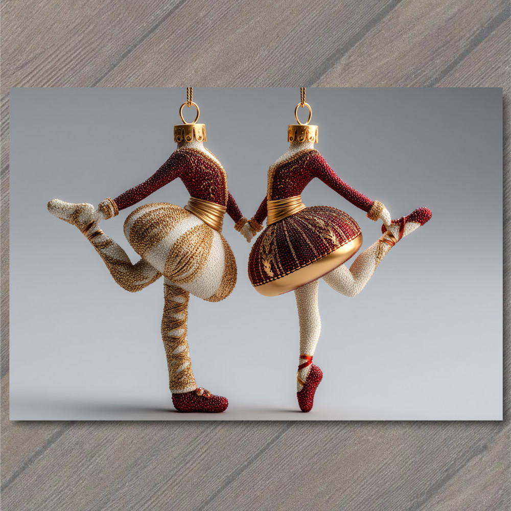 STICKER Christmas Ornament Ballet Dancers Gold Red Elegant Holiday Card