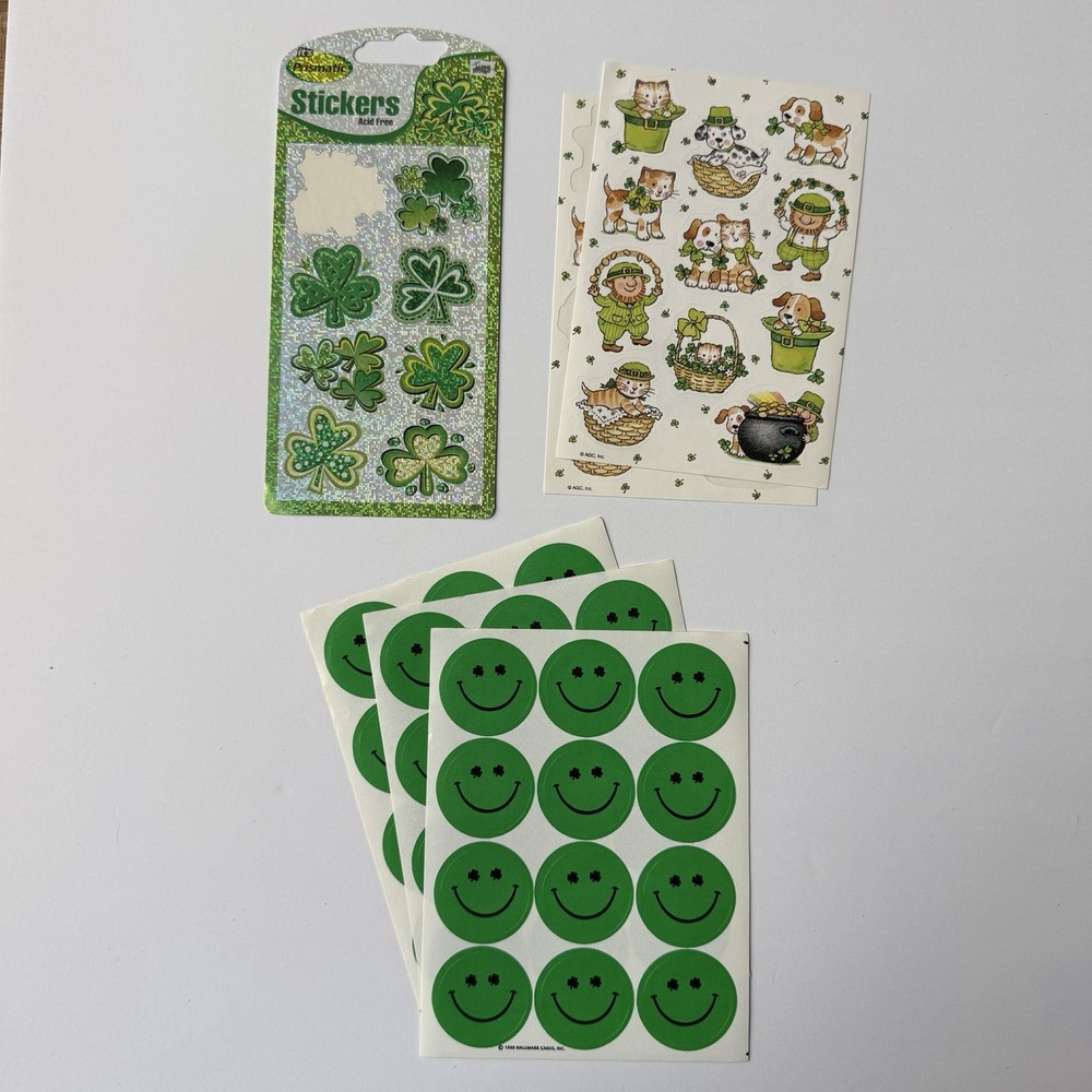 Hallmark AGC St Patricks Day Stickers Lot 6 Sheets Cats Smiley Prism Shamrock
