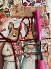 valentines junk journal scrapbook tassel pen clip 54 pages squirrel couple