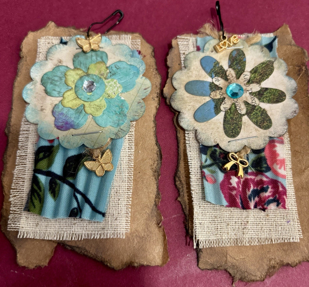 Set 2 Handmade Upcycled Junk Journal Tags Rustic Floral Eco Friendly Ephemera