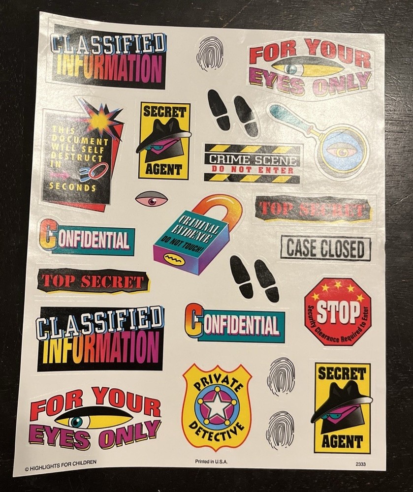 Vintage 1993 ‘Highlights For Children’ Spy/ Detective Sticker Sheet Stickers
