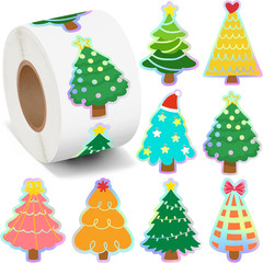 500Pcs Christmas Tree Stickers Roll Holographic Laser Xmas Pine Tree Buffalo Pla