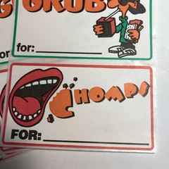 Vintage EATS GRUB CHOMP Book Label Sticker LOT x4 1980s 1990s Comic Graphic COOL