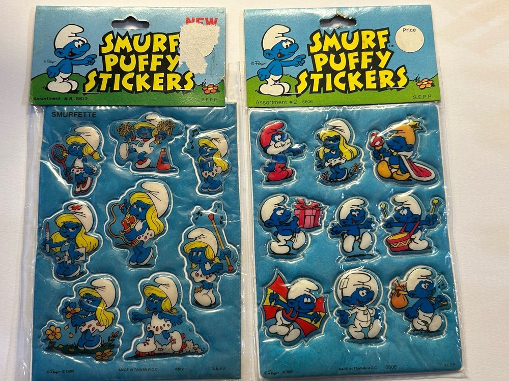 Vintage 80s Smurf & Smurfette Puffy Stickers Peyo Assortment #2 & #8 NOS