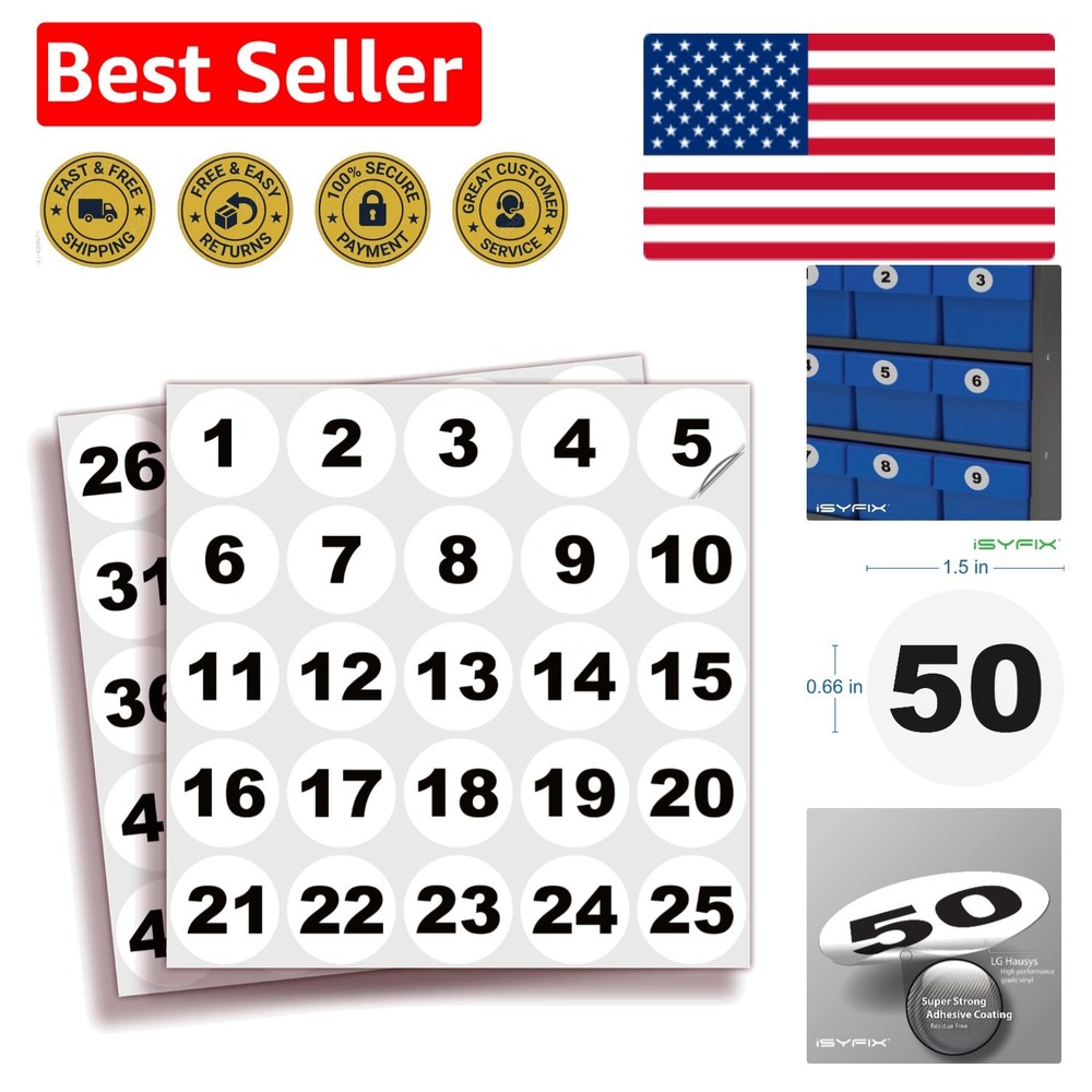 White Number Stickers 1 to 50 – 1.5-inch Vinyl Decals for Organization
