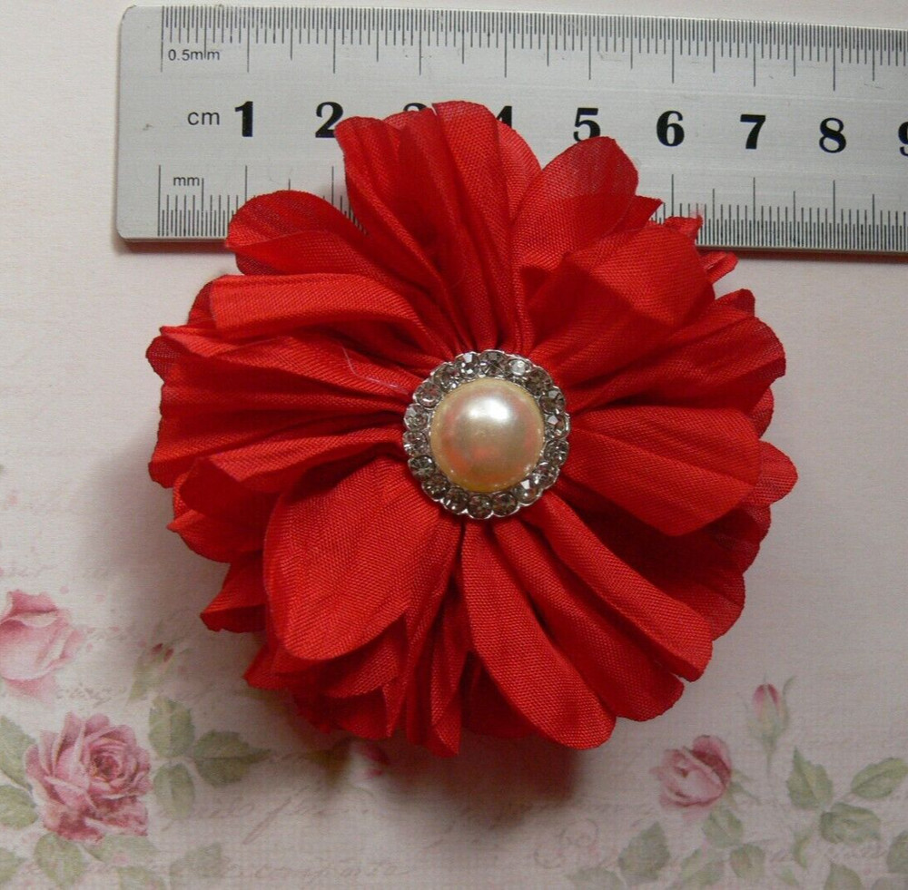 JESSICA Ruffled Organza RED Flower – Pearl Diamante Centre 70mm Single MH AB NJC