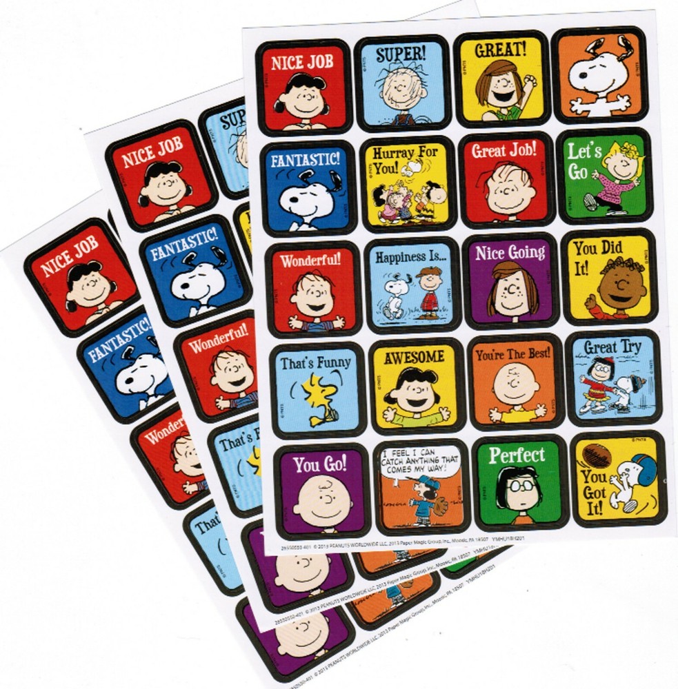 SNOOPY Peanuts Adorable Reward Stickers! 3 Sheets Linus Woodstock Lucy