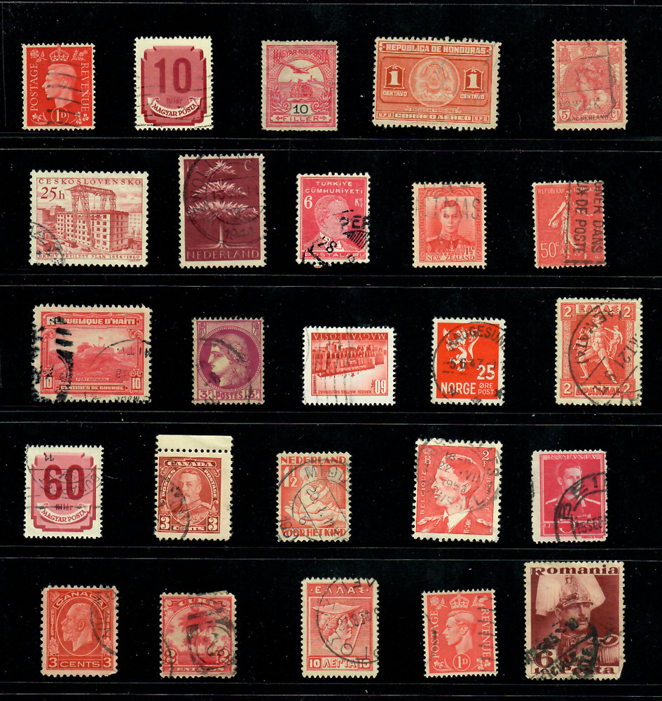 25 Red Rose Carmine Worldwide Used Stamps Color Lot — Crafts Art (WM237)