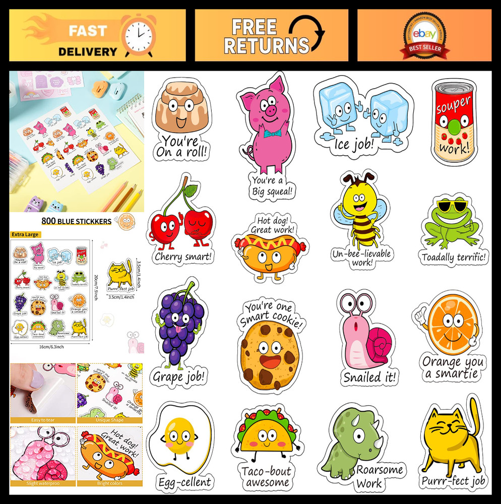 800 Punny Teacher Stickers – Motivational Rewards for Kids Classroom, Positive E