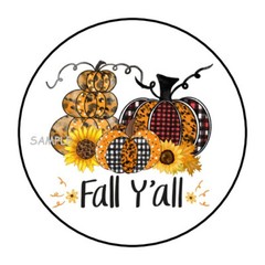 30 FALL Y’ALL ENVELOPE SEALS LABELS STICKERS 1.5″ ROUND PUMPKINS PLAID SUNFLOWER