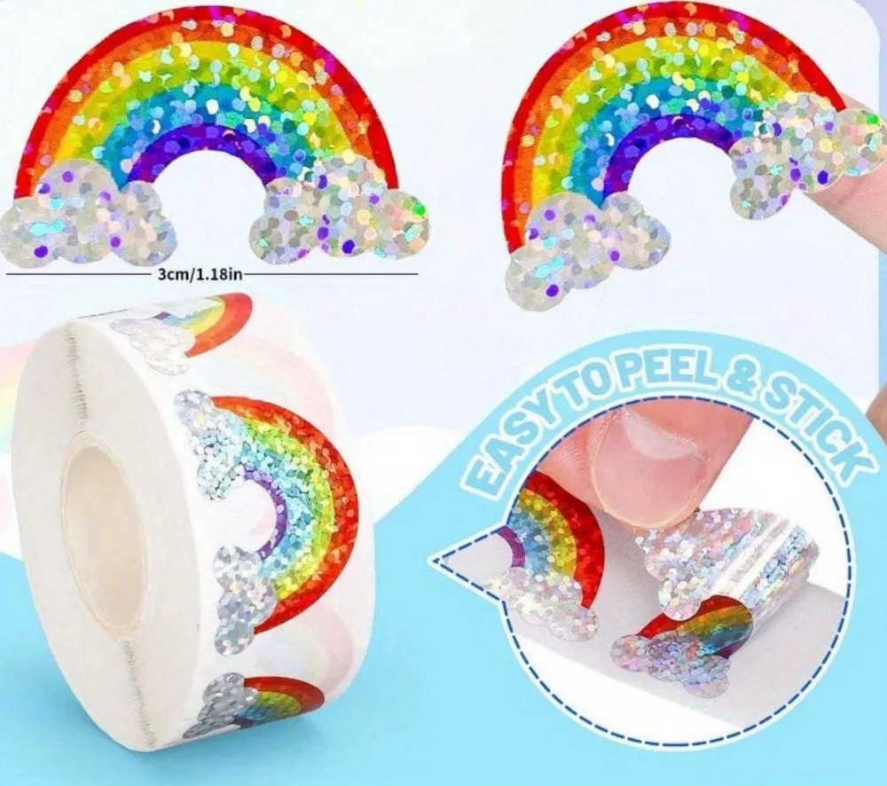 100 Sticker Seals Rainbow 🌈 Metallic Foil Laser Holographic Cloud 1.2”
