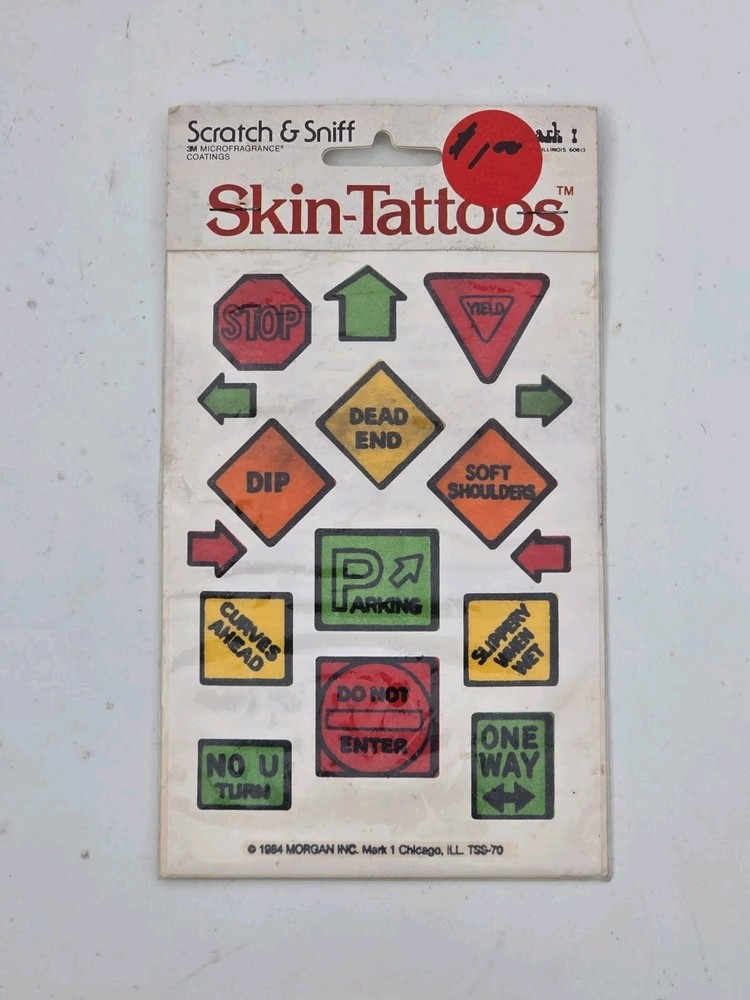 Vintage Mark 1 Skin Tattoos Scratch & Sniff Stickers Road Signs 1984 Sealed New
