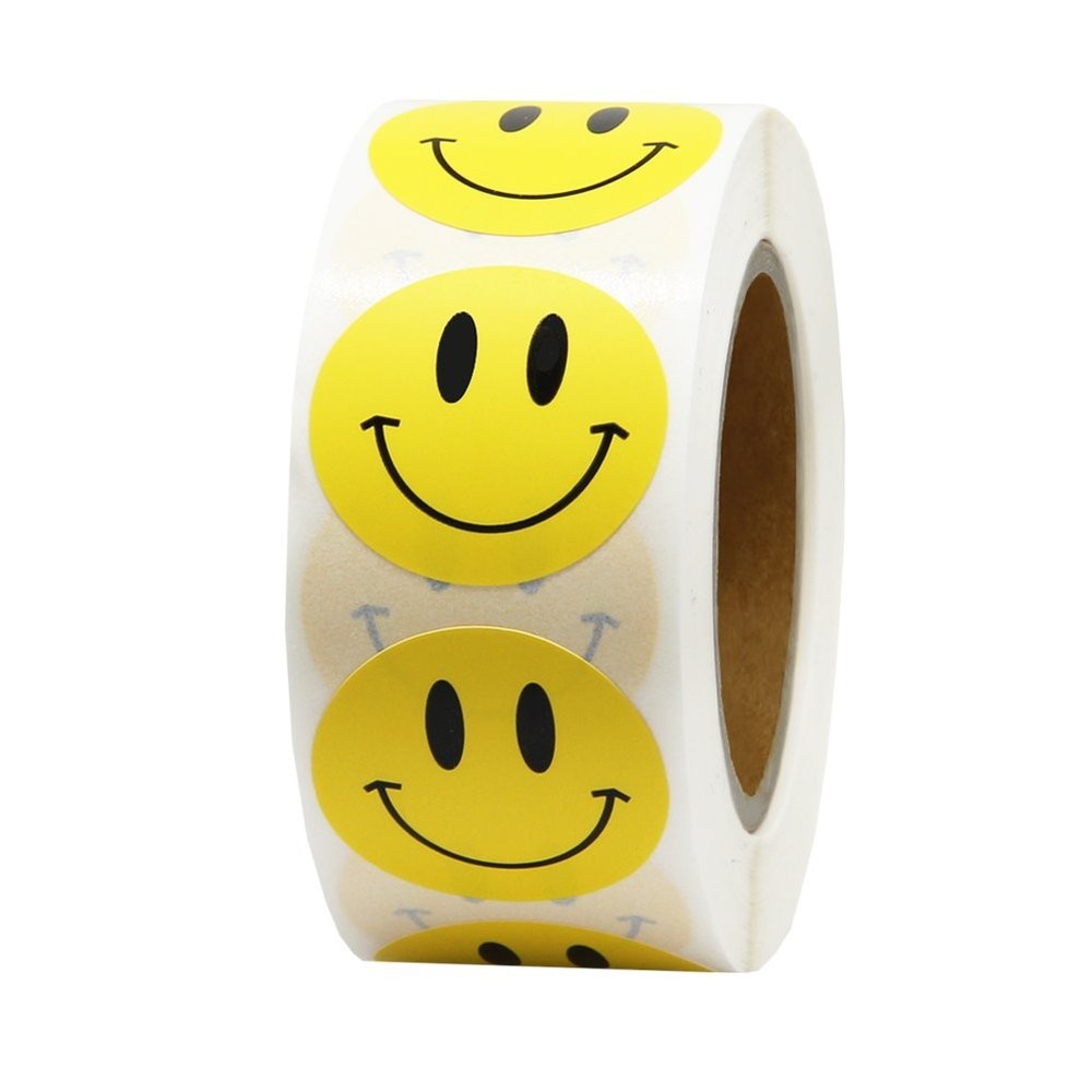 Yellow Happy Face Paper Stickers, 1 Inch, 500 Roll, Permanent Adhesive