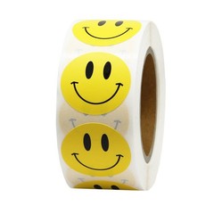 Yellow Happy Face Paper Stickers, 1 Inch, 500 Roll, Permanent Adhesive