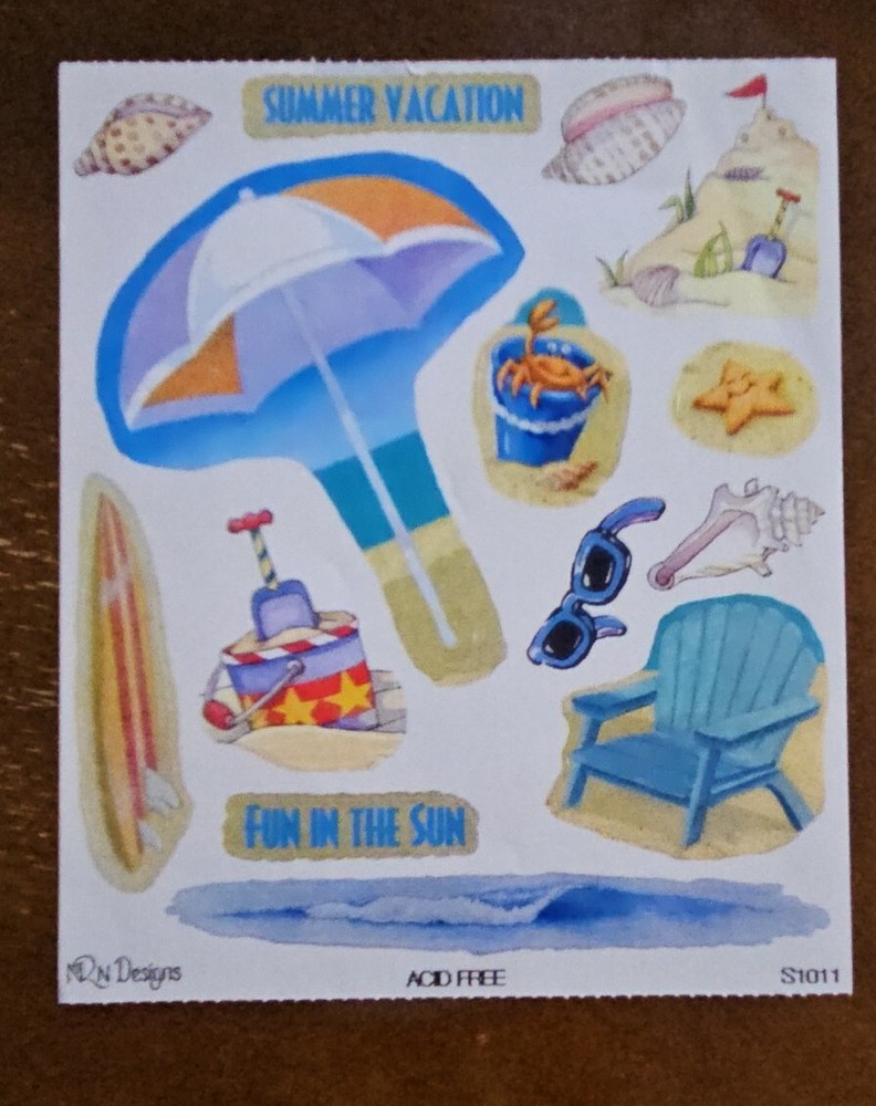 NRN Design sticker sheet, Summer Vacation, unused, beach, sea shells, sand