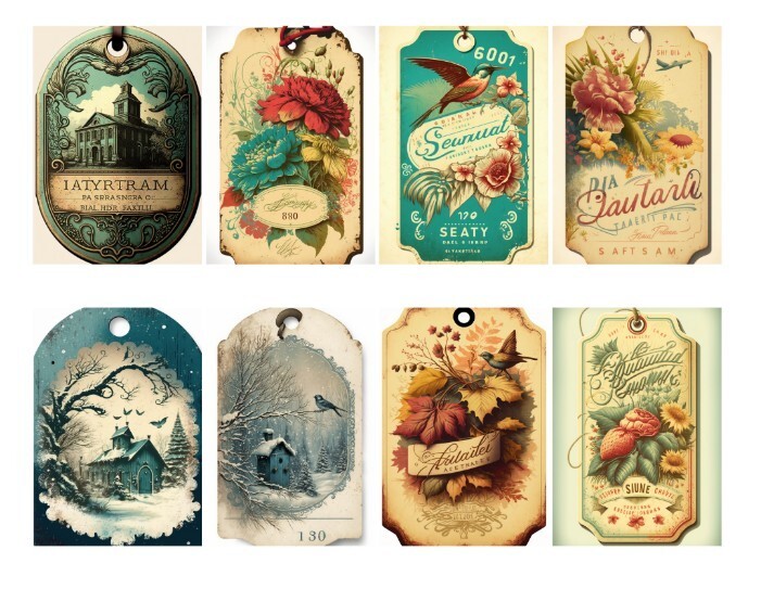 8 Vintage Style Tags Junk Journal Scrapbook USA Seller
