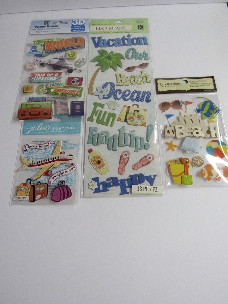 New 4 Different Packages Of Dimensional Vacation Travel Themed Stickers MIP