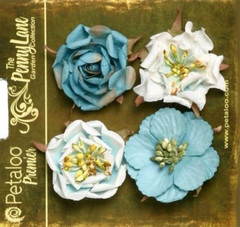 Ruffled Roses TEAL BLUE 4 Mixed Paper Flowers 3.5 to 4cm across Petaloo MHTbl