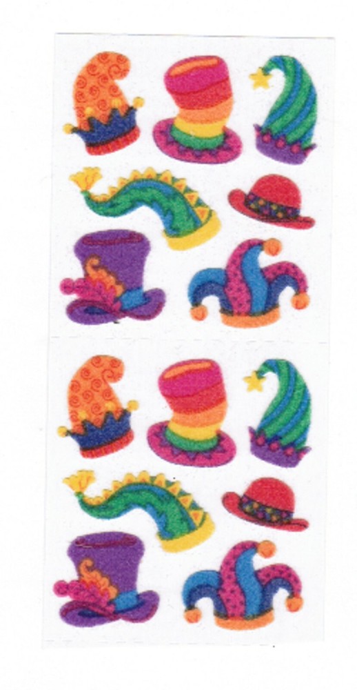 Vintage Sandylion FUZZY Fun Colorful HATS Scrapbook Stickers 2 Squares 90s