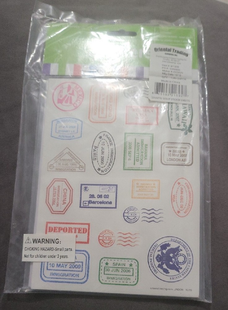 Oriental Trading Country Stamp Sticker Sheets- 2 packs of 12, New in package