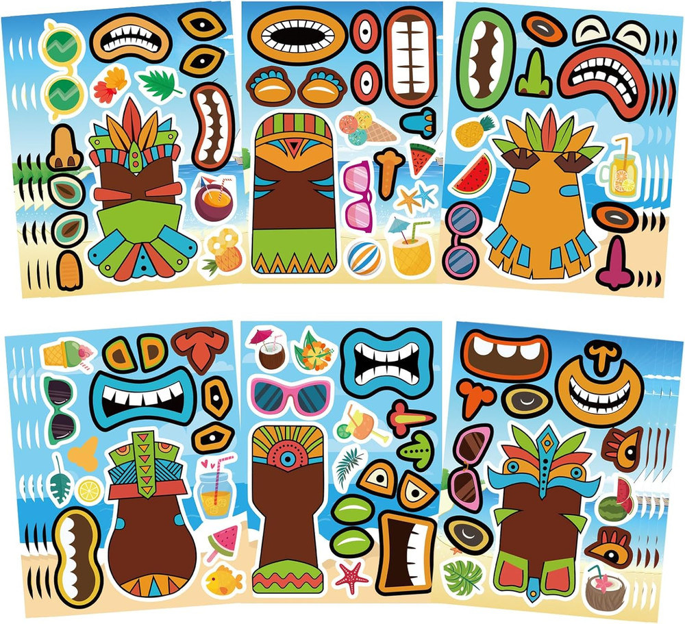 24 Sheets Summer Stickers, Make a Tiki Face Sticker, Tropical Hawaiian Stickers