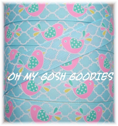 7/8 EASTER LITTLE CHICK BIRDIE PIE QUATREFOIL GROSGRAIN RIBBON 4 HAIRBOW BLUE