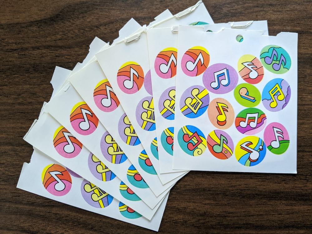 Vintage 80s/90s Musical Notes Music Sticker Sheets (7) Bright Colors