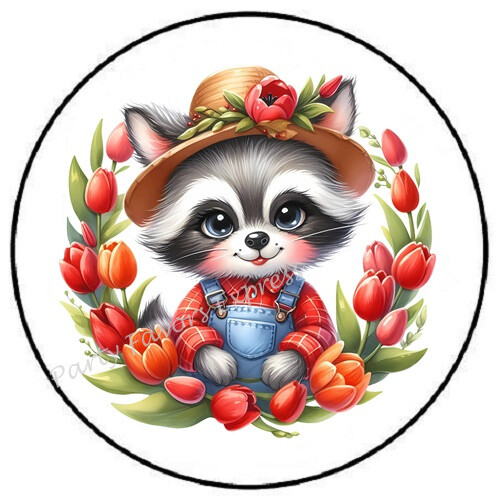 ADORABLE RACCOON TULIP WREATH ENVELOPE SEALS LABELS STICKERS PARTY FAVORS