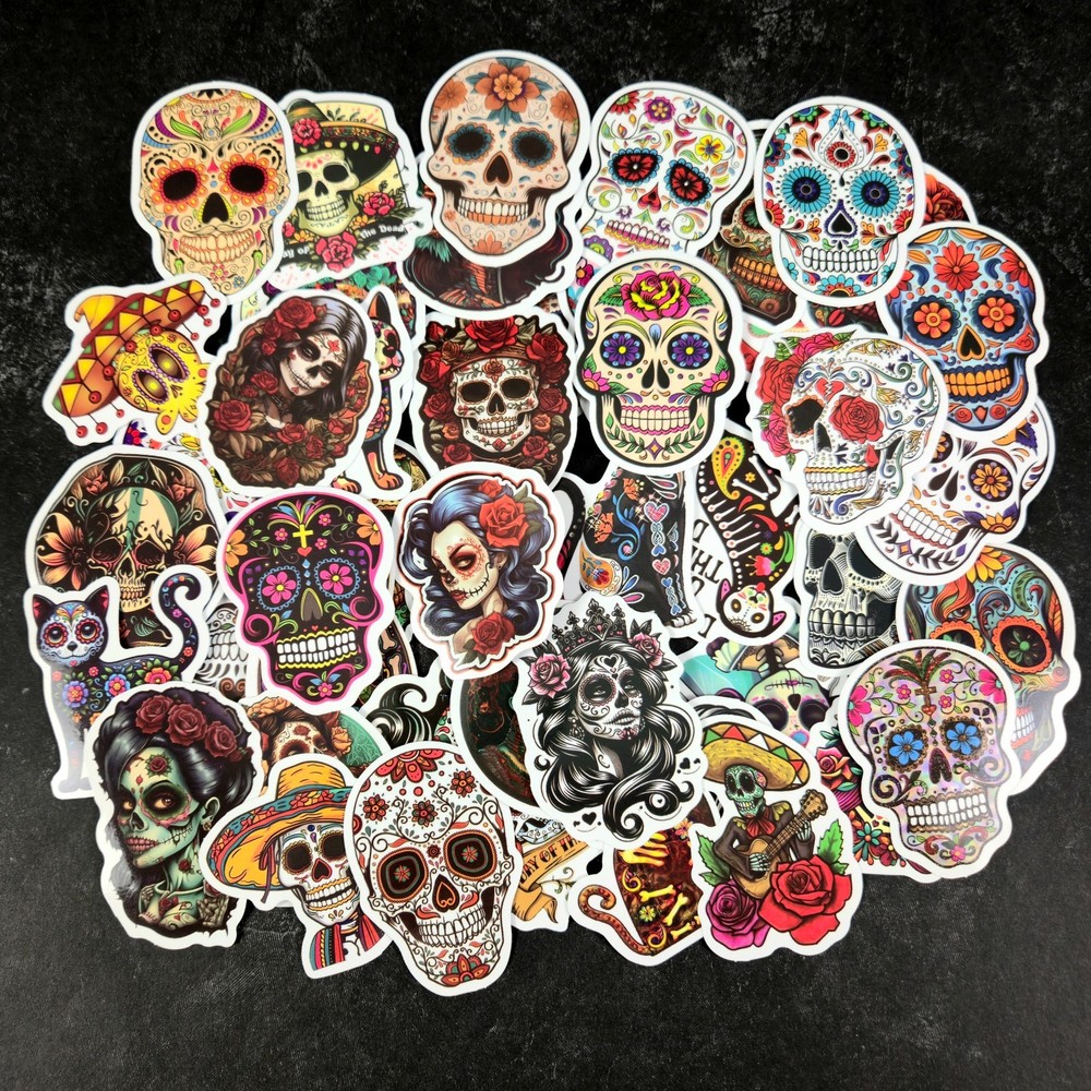 Day of the Dead Sugar Skull Stickers | Colorful Floral Calavera | Set of 10