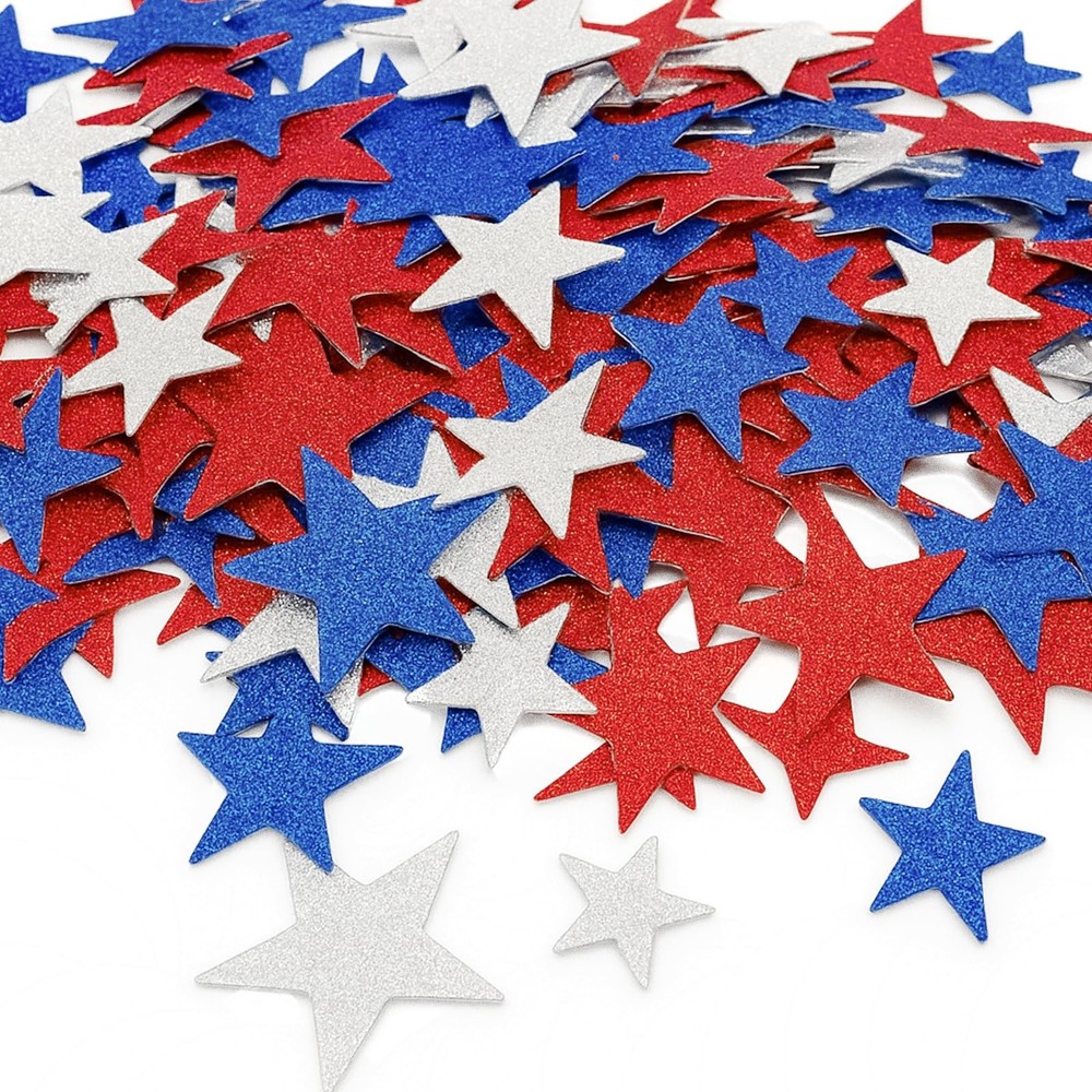 200 PCS Red White Blue Glitter Foam Star Stickers – 3 Sizes