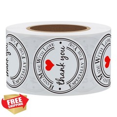 Hybsk White Gloss Thank You Handmade Love Heart Stickers 1.5″ 500 Roll