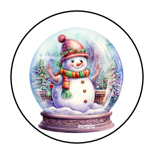 30 CHRISTMAS SNOW GLOBE STICKERS ENVELOPE SEALS LABELS 1.5″ ROUND SNOWMAN