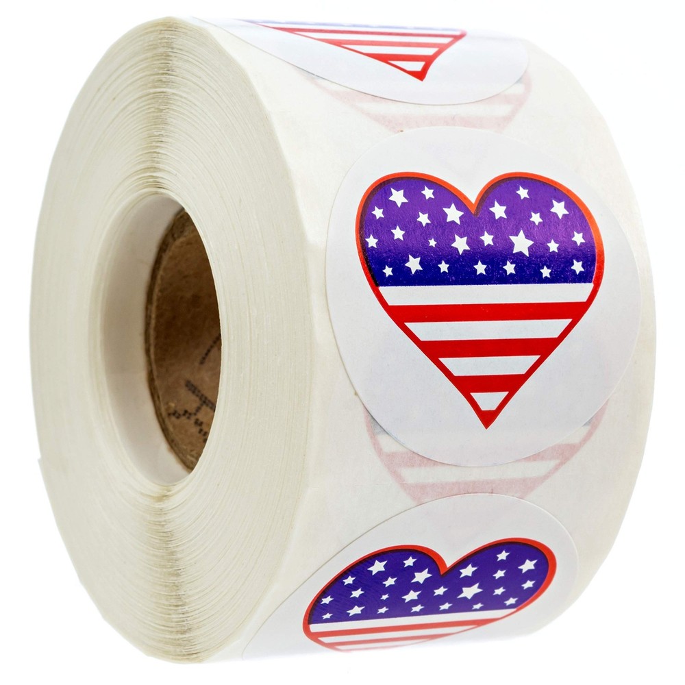 Patriotic Heart Stickers – 1.5″ Circle, 500 Pack, 4th of July & Veterans Day Sea