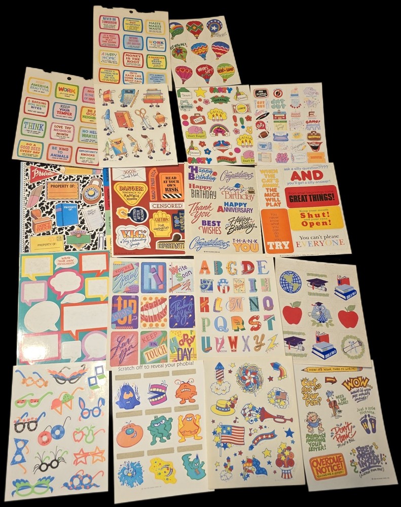 Massive Lot Of Vintage Stickers 18 Sheets -Hallmark AGC Gibson- Letters Sayings