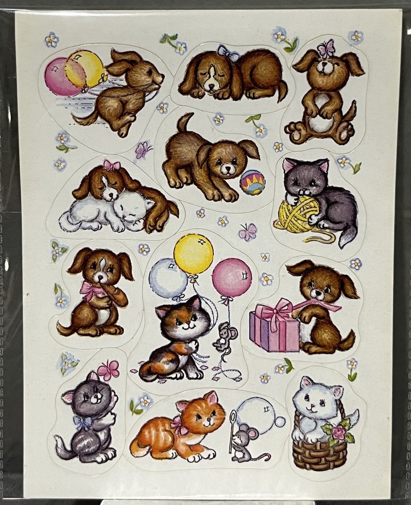 Rare Vintage Stickers NIP Hallmark Puppies & Kittens Dogs Cats Birthday Balloons