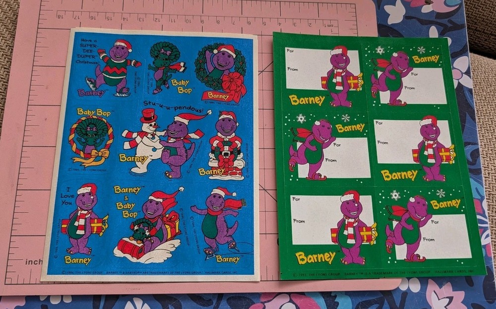 Vintage Hallmark Stickers Barney The Purple Dinosaur Christmas Lot 2 Sheets