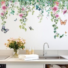 Flower Vine Wall Decals Hanging Green Leaves Wall Stickers Butterfly Flower Plan