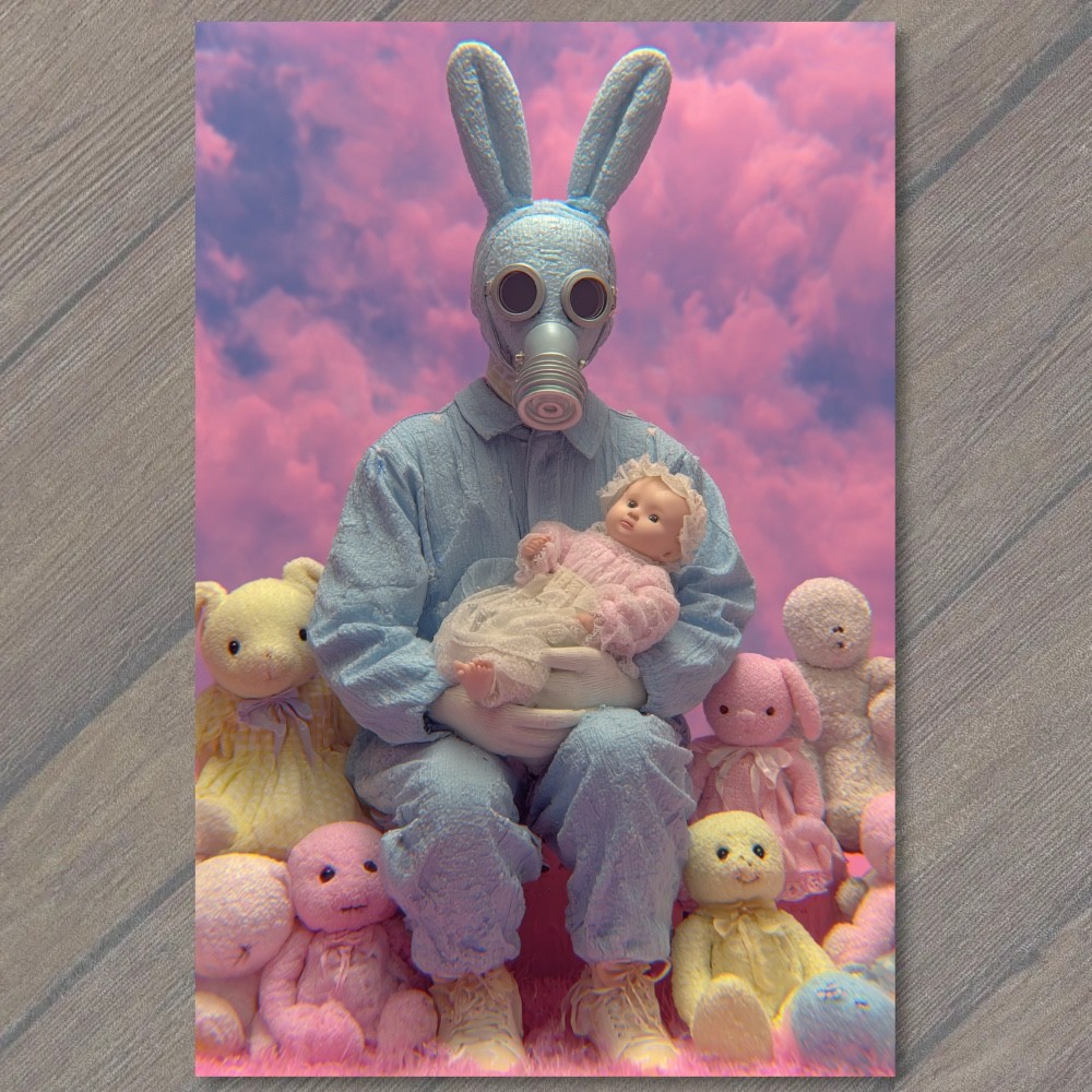 STICKER Bunny Gas Mask Holding Baby Doll Pastel Plush Toys Pink Clouds