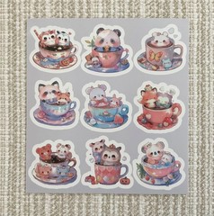 18 Cute Baby Animals in Teacups Stickers, Kawaii 1.6” Watercolor Decals
