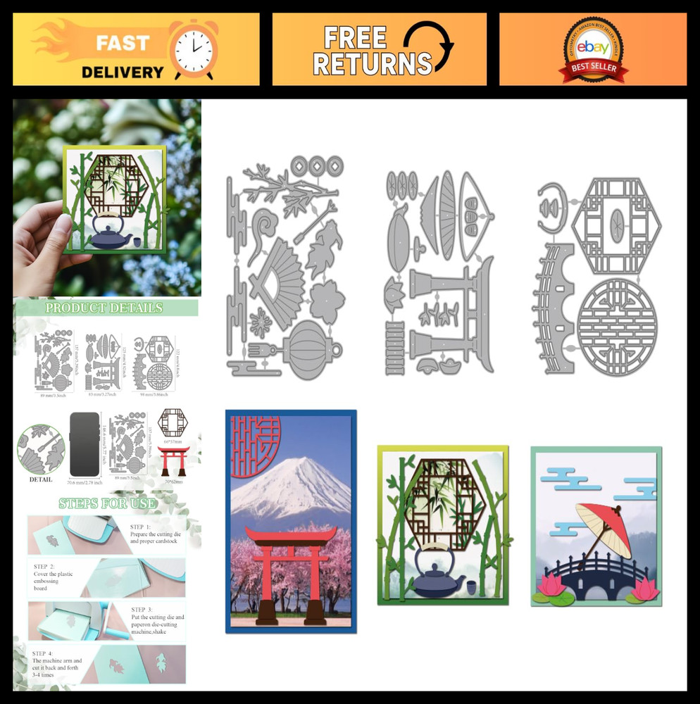 Oriental Buildings Metal Cutting Dies for Card Making – Bamboo Window, Bridge, L