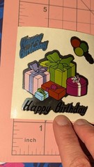 Vintage Stickers BJ Foil Mylar Happy Birthday Balloons Presents 1 Mod 3″X 3″