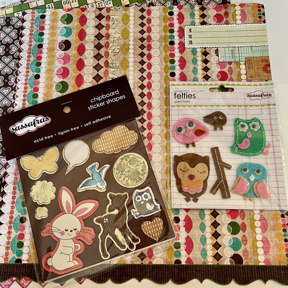 Sassafras (5) Dbl Side Paper, 1 Alpha, 1 Felties, 1 Chipboard Sticker Shapes